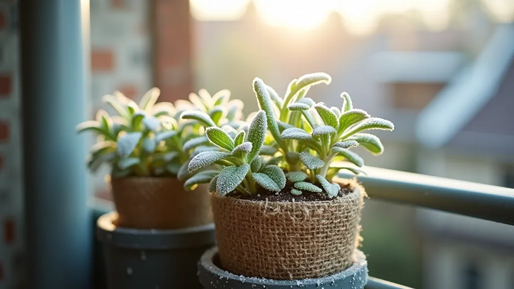 Balcony with north-facing exposure showing frost-covered plant containers with protective burlap wrapping and wooden frost barriers