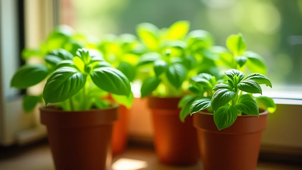 Basil and parsley herbs in containers on a sunny balcony