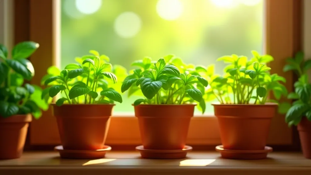 Fresh basil and parsley herbs growing in terracotta pots on a sunny windowsill with natural light