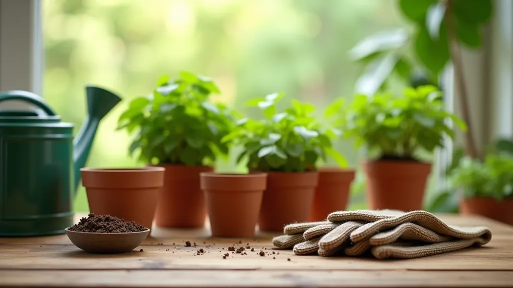 Terracotta pots with fresh potting soil, watering can, and gardening gloves arranged on a wooden table in bright sunlight
