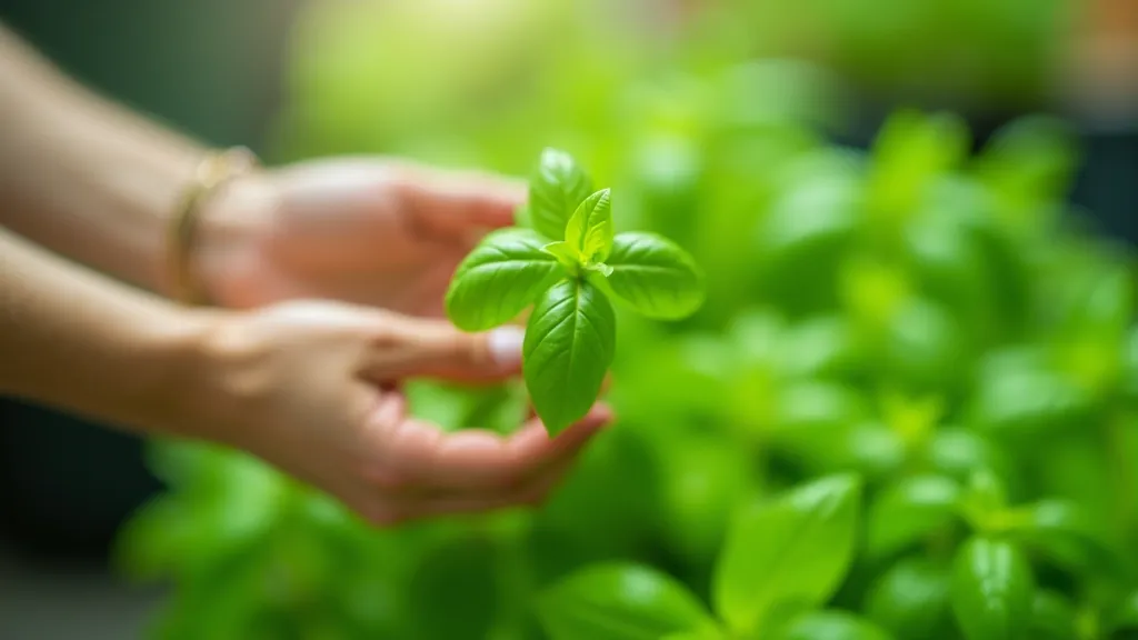 Hands carefully harvesting fresh basil leaves from the top of a healthy plant, pruning shears visible