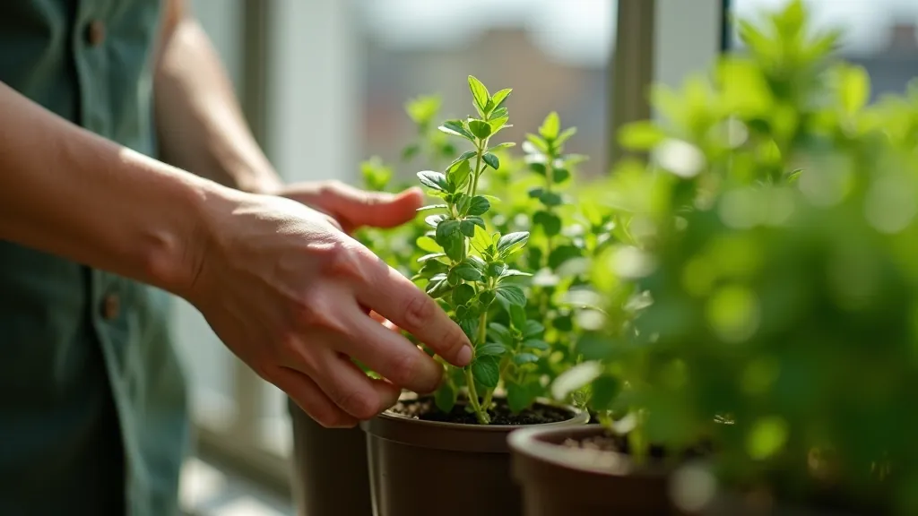 Hands harvesting fresh oregano leaves from potted plant, showing proper pinching technique with mature foliage