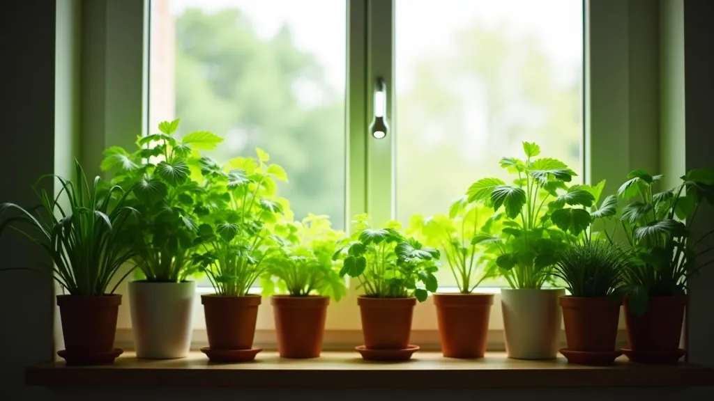Indoor windowsill with potted basil and parsley plants receiving natural sunlight, grow lights mounted above providing supplemental illumination