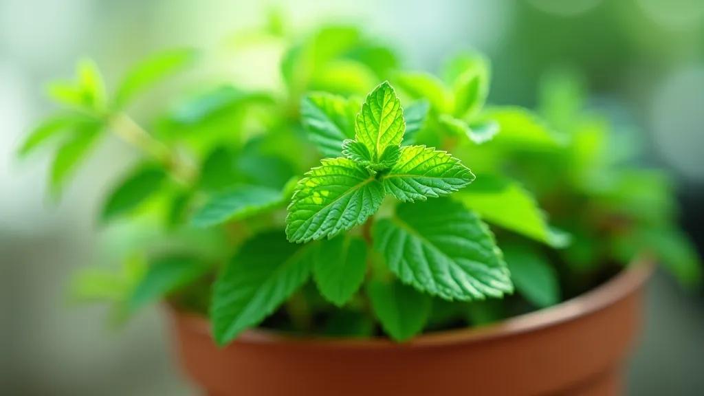 Mature mint plant with lush green leaves in terracotta pot, showing healthy dense foliage on sunny balcony setting