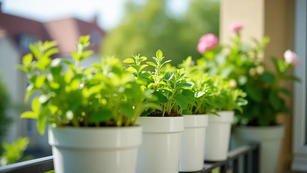 Mint and oregano plants in white ceramic pots arranged on a balcony railing with Baltic spring scenery in background