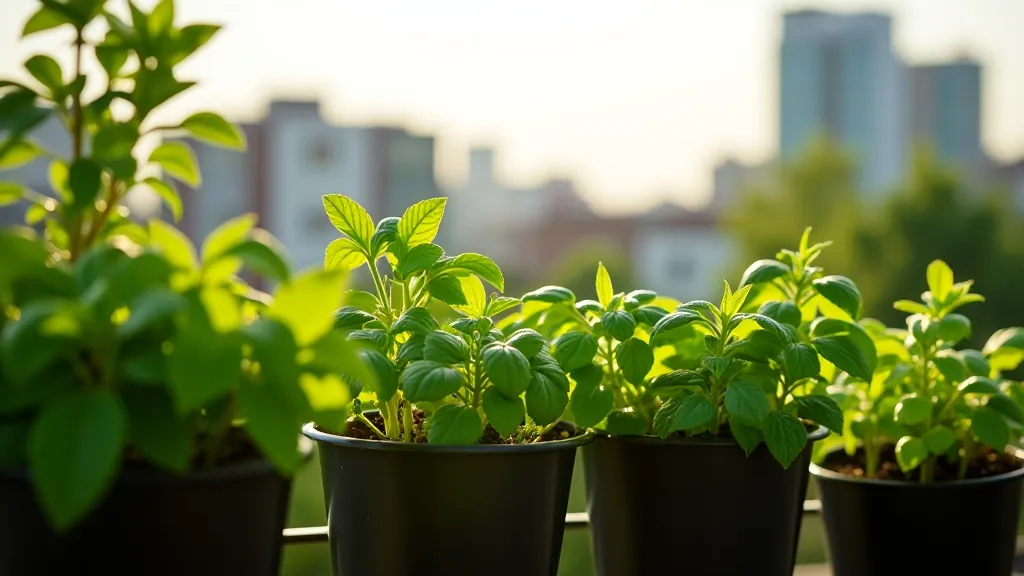 Lush balcony garden with various herbs and plants growing in containers