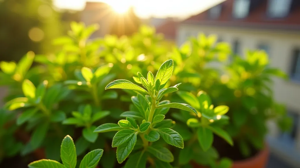 Oregano plant in sunny balcony location showing strong growth, with city buildings visible in soft focus background