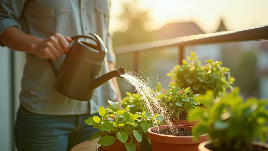 Person watering potted tomato plants on a sunny balcony using a watering can with a gentle spout, morning light streaming across the pots