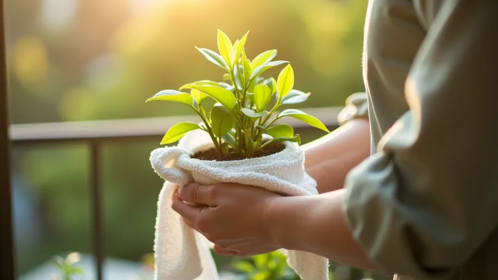 Hands wrapping a potted mint plant in frost cloth, showing proper technique with gaps left for air circulation and drainage