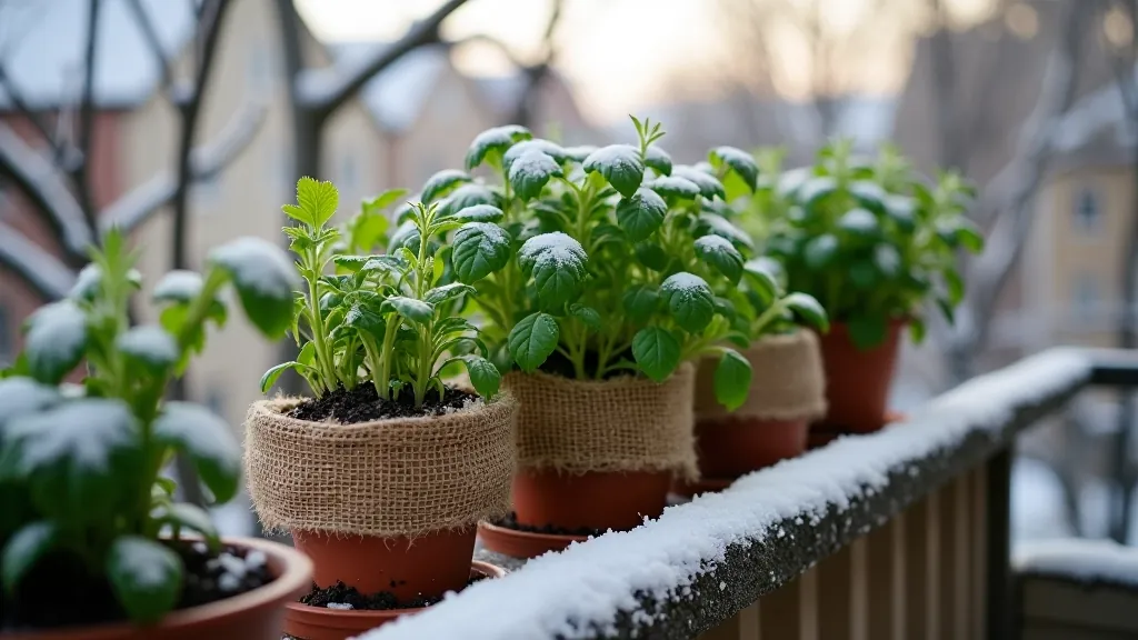 Container of herbs wrapped in burlap and winter cloth protection on a snow-covered balcony in Vilnius during late autumn