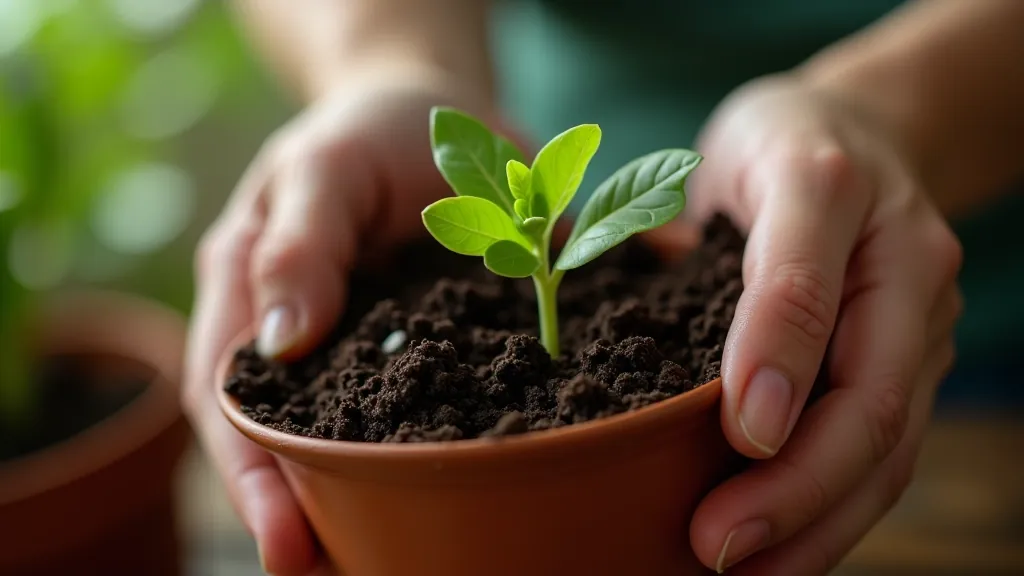Close-up of young basil seedling being gently planted into moist potting soil in a terracotta pot with hands visible