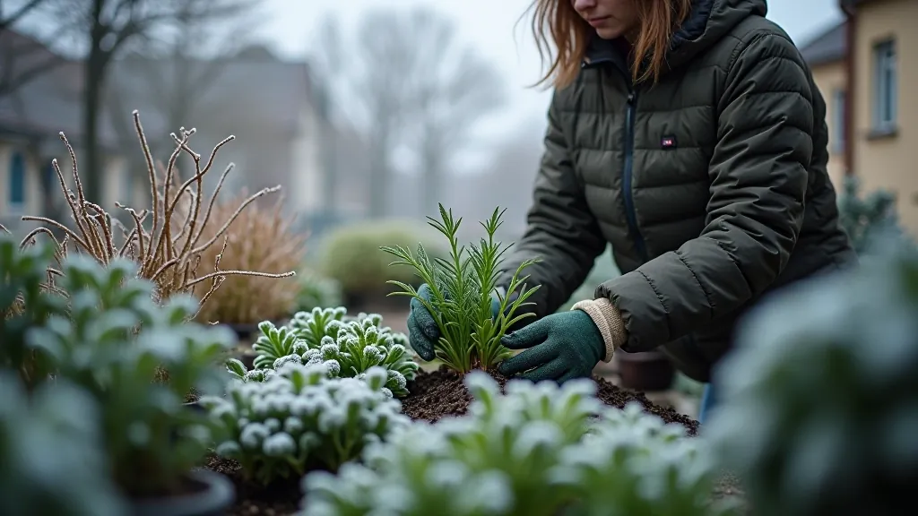 Person tending to winter herbs in containers with frost on leaves
