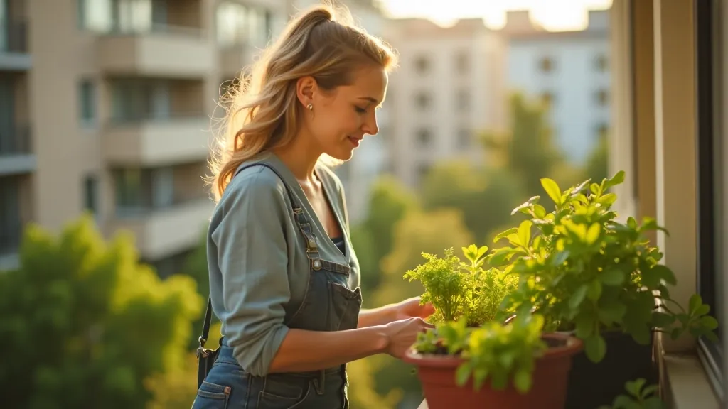 Urban gardener tending to balcony herbs with careful attention in morning light