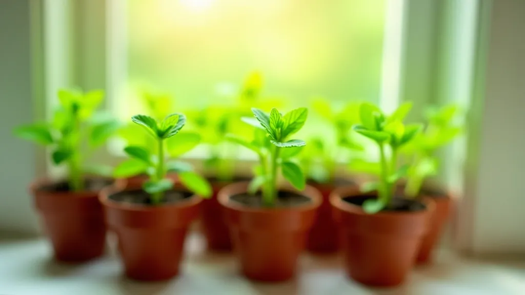 Young mint and oregano seedlings in small pots under grow lights in bright indoor setting, ready for spring transplanting